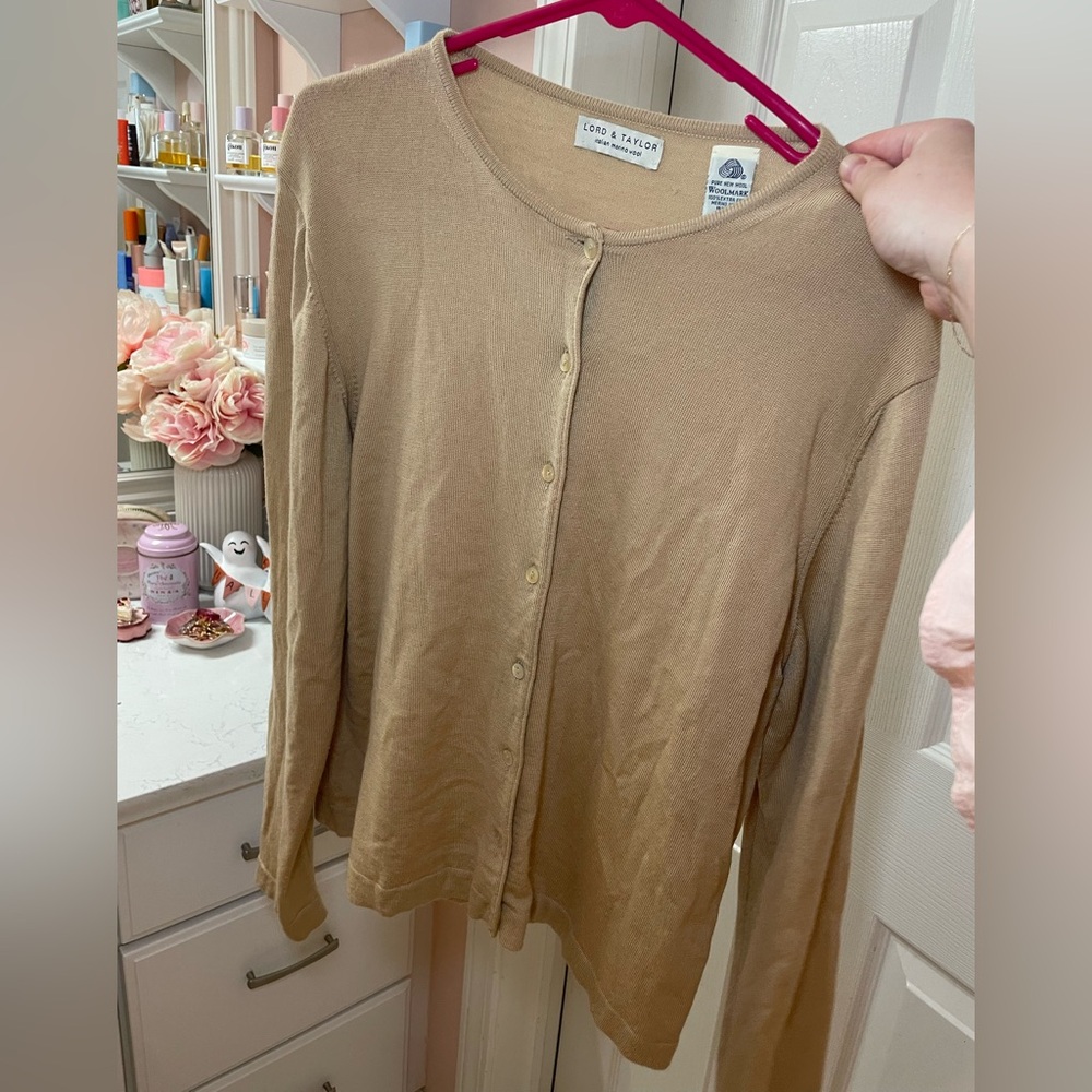 Vintage Lord & Taylor 100% wool button up cardigan sweater- Beige